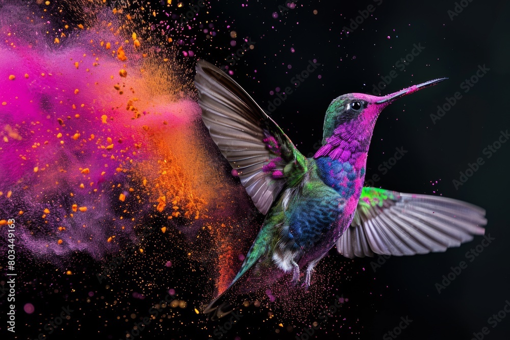 Majestic Pink Hummingbird Gliding Through a Nebula of Colorful Cosmic Dust

