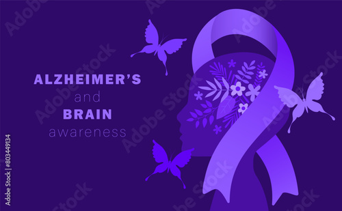 Alzheimer's and brain awareness month design template. World Alzheimer's Day vector illustration. Ribbon, flower, butterfly