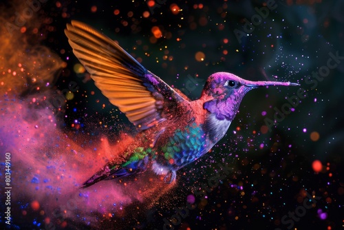 Ethereal colored Hummingbird Captured Mid-Flight Within a Sparkling Nebula Cloud