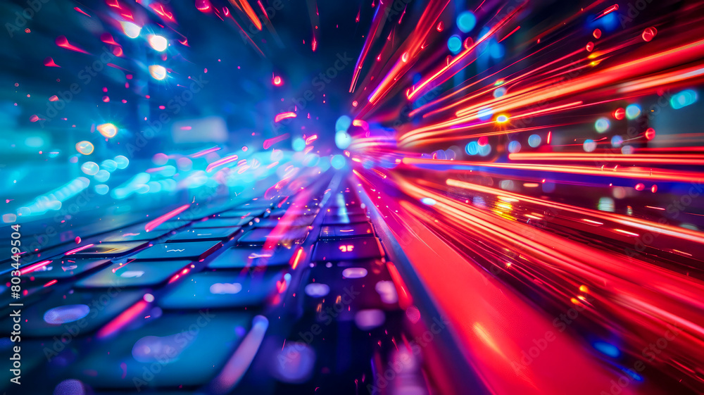 computer keyboard and colorful light trails on black background,concept of technology computer keyboard and colorful light trails on black background,concept of technology