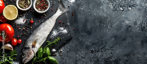 Fresh seabass fish and cooking components. Uncooked seabass fish seasoned with spices and herbs on a dark slate surface. Overhead shot with room for text.
