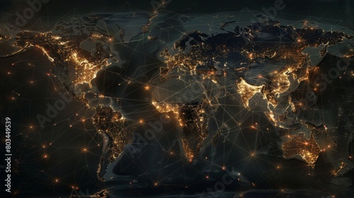 A world map with lines of communication connecting cities and countries, illustrating the interconnectedness of global communication networks. photo