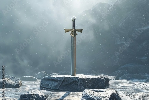 excalibur sword stuck ancient stone pedestal legendary arthurian mythology king arthur camelot fantasy 3d illustration  photo