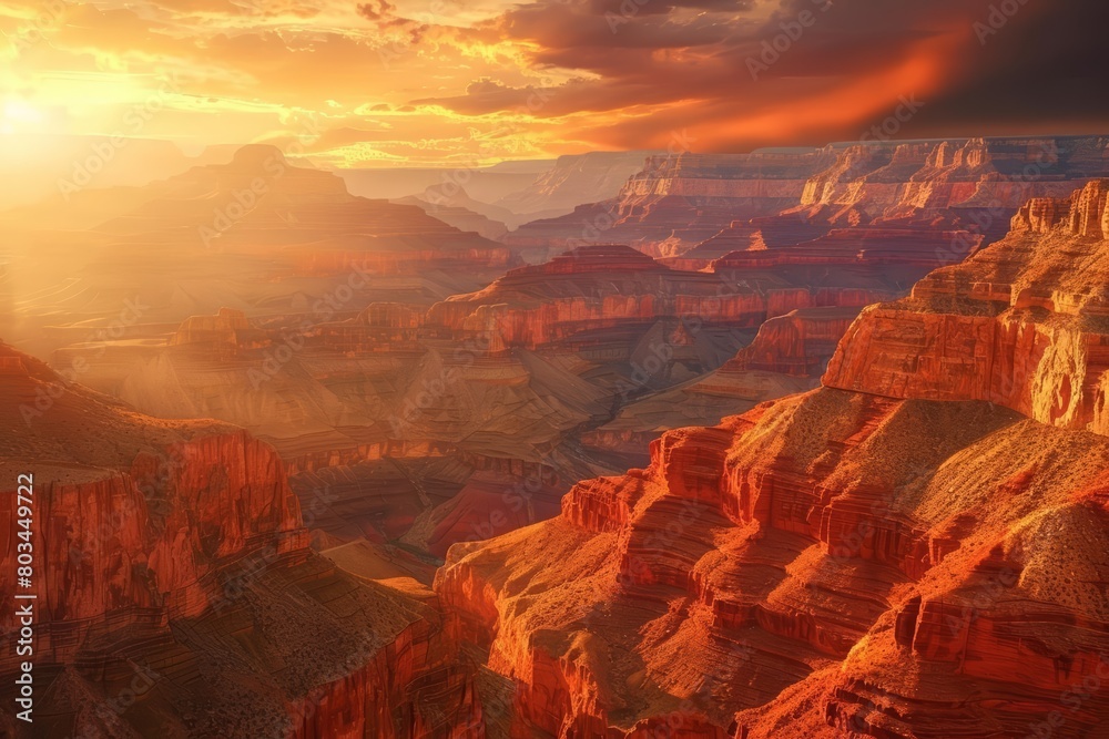 The sun sets over the vast and majestic Grand Canyon, painting the sky with vibrant hues of orange and pink