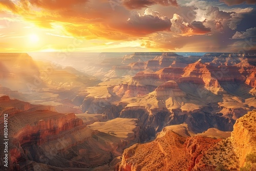 The sun sets over the vast and majestic Grand Canyon  painting the sky with vibrant hues of orange and yellow