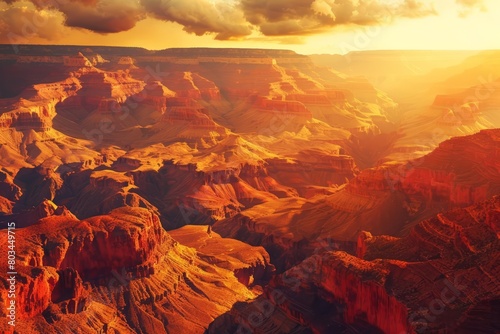 The sun sets over the vast and majestic Grand Canyon, painting the sky with hues of orange and red