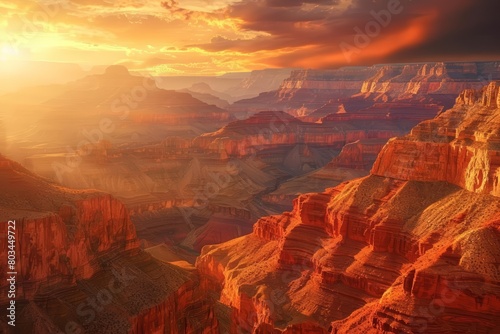 The sun sets over the vast and majestic Grand Canyon  painting the sky with vibrant hues of orange and pink