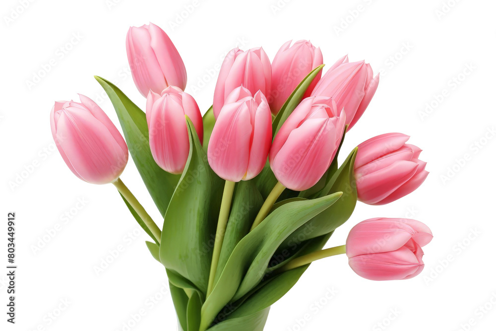 A bouquet of pink tulips is arranged in a vase, white background, transparent background A bouquet of pink tulips is arranged in a vase, white background, transparent background