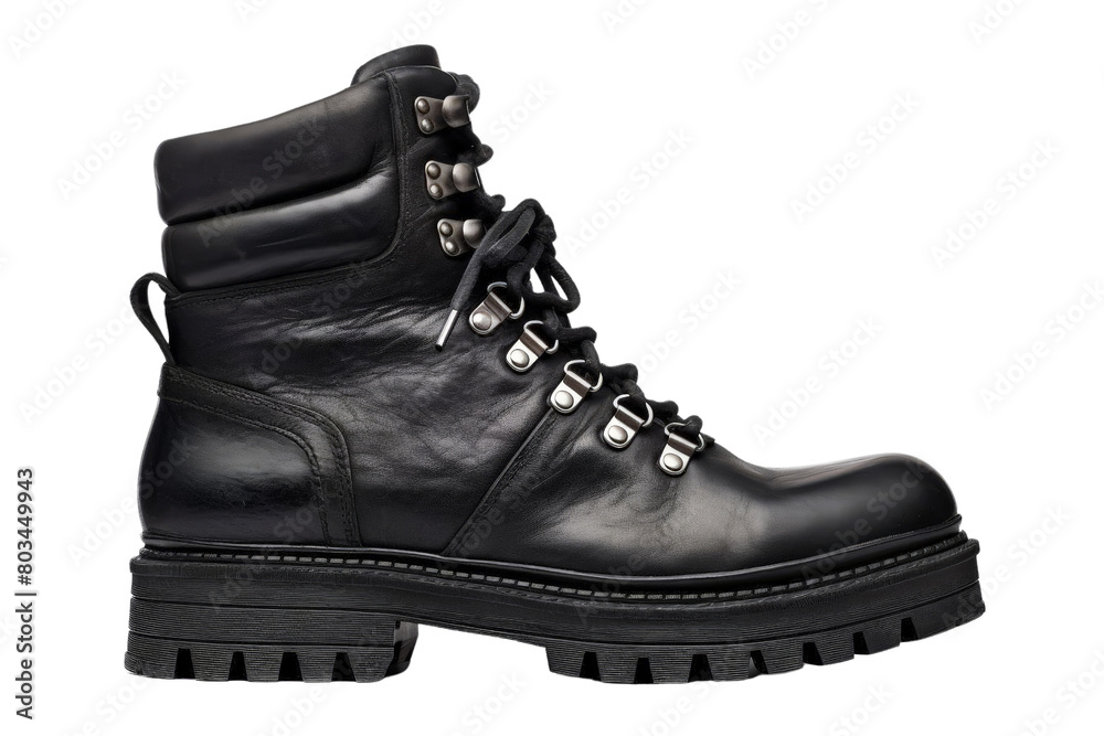 A black leather boot with a black sole and a black top, white background, transparent background A black leather boot with a black sole and a black top, white background, transparent background