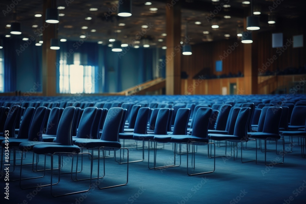Fototapeta premium blue chairs in the conference room. empty hall for lecture or performance. training of students or company employees