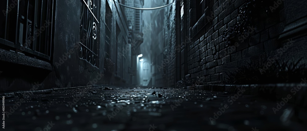 A dark and rainy alleyway, lit only by a single street lamp. The rain ...