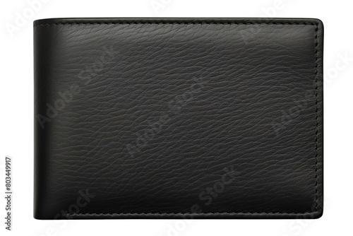 A black leather wallet with a black leather strap, white background, transparent background