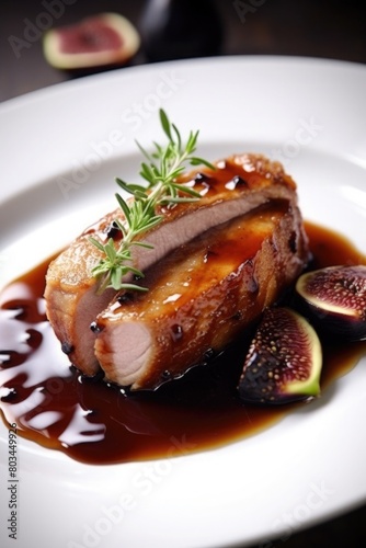 Baked meat with figs on a plate. Steak with fig sauce. grill and bbq. healthy dish in a restaurant