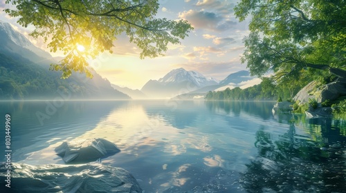 Generate a high-quality digital painting of a beautiful lakeside landscape