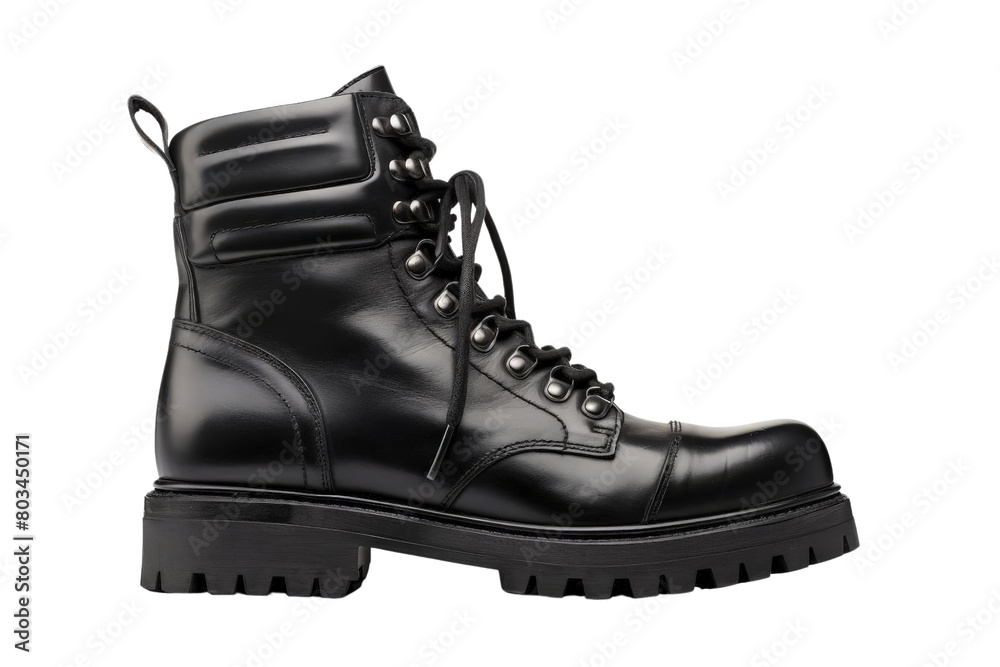 A black leather boot with a black sole white background, transparent background A black leather boot with a black sole white background, transparent background