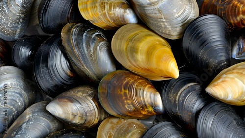 Description Various species of mussels including Mytilus edulis and Mytilus galloprovincialis. Concept Mussel Identification, Mytilus Species, Marine Bivalves Classification photo
