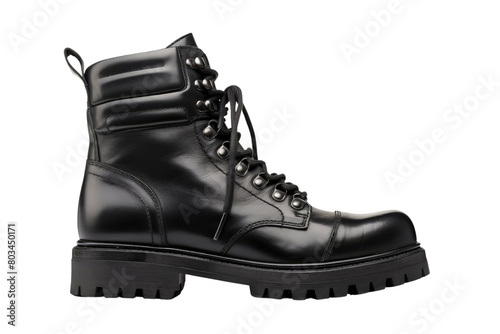A black leather boot with a black sole white background, transparent background
