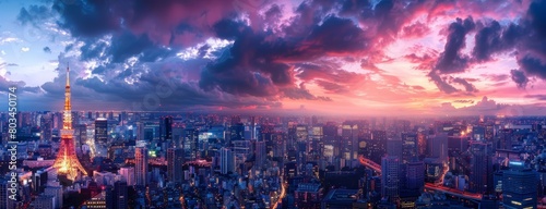 A stunningFu Kan ing view of the city of Tokyo at sunset. The vibrant colors of the sky and the city lights create a beautiful and unforgettable scene.