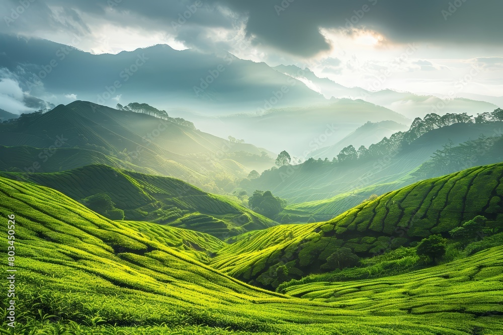 The morning sun rises over the lush green hills of a tea plantation, casting long shadows and creating a stunning scene The morning sun rises over the lush green hills of a tea plantation, casting long shadows and creating a stunning scene