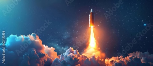 A powerful rocket launches into the starry night sky, leaving a trail of fire and smoke behind