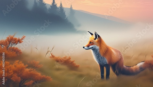A fox in a misty meadow looks thoughtfully into the distance photo