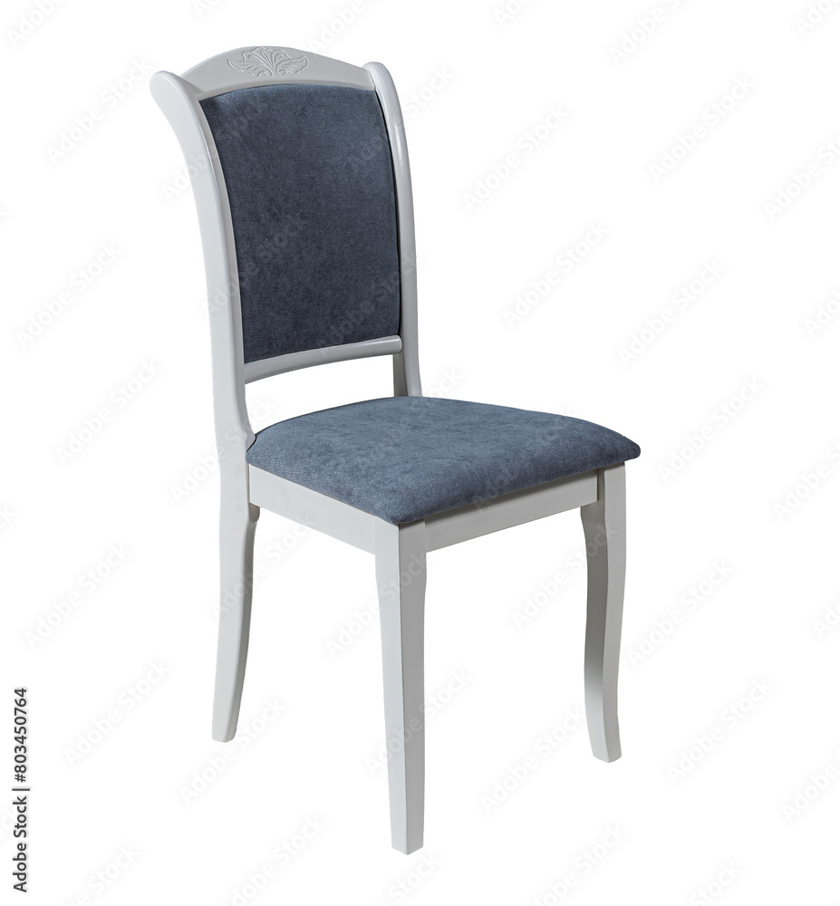 a white chair with blue cushion a white chair with blue cushion