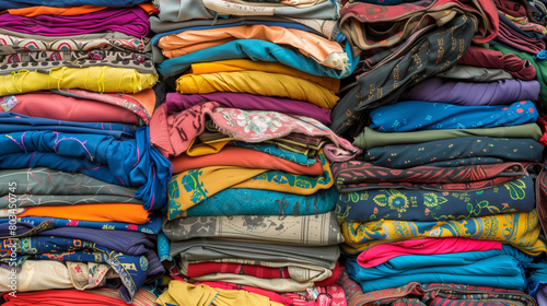 large pile stack of textile fabric clothes. concept of recycling, up cycling, awareness to global climate change, fashion industry pollution, sustainability, reuse of garment 