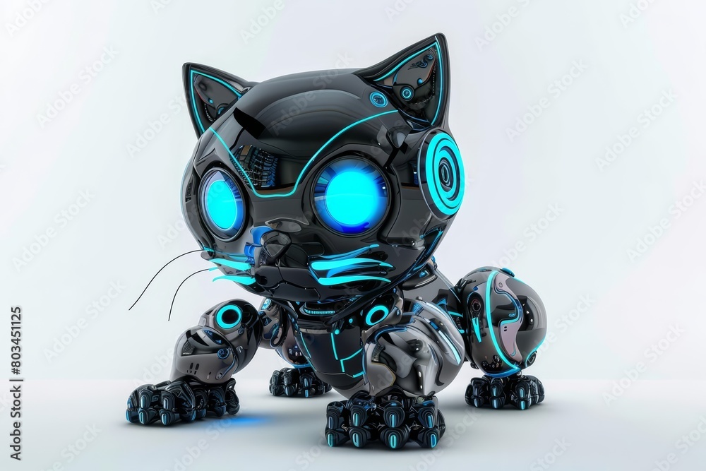 A robotic cat with glowing blue eyes and a sleek black body. The cat is crouched on all fours, and its tail is curled up behind it.