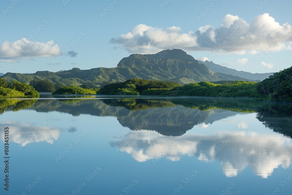 A tranquil image of Heart Island's heart-shaped lagoon, with its calm waters reflecting the surrounding landscape.