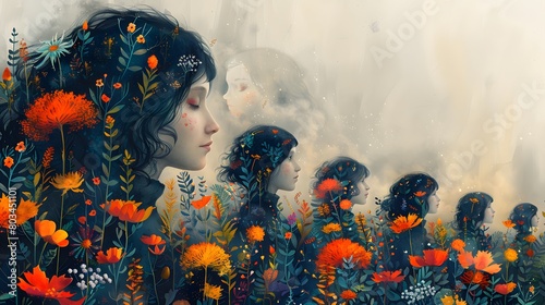 A whimsical illustration of a mother surrounded by her children, each with unique personalities photo