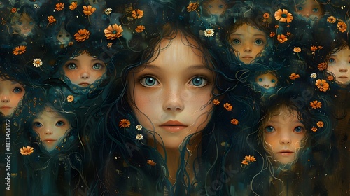 A whimsical illustration of a mother surrounded by her children, each with unique personalities photo