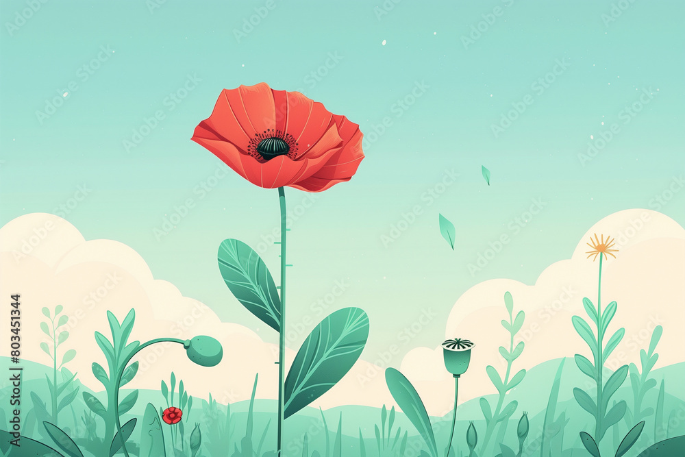 Obraz premium Red Flower on Lush Green Field