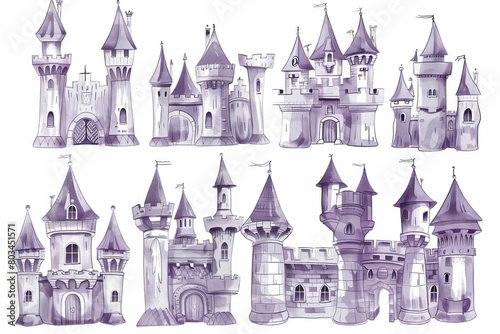 hand drawn medieval castle facades with towers and windows fantasy architecture illustration set