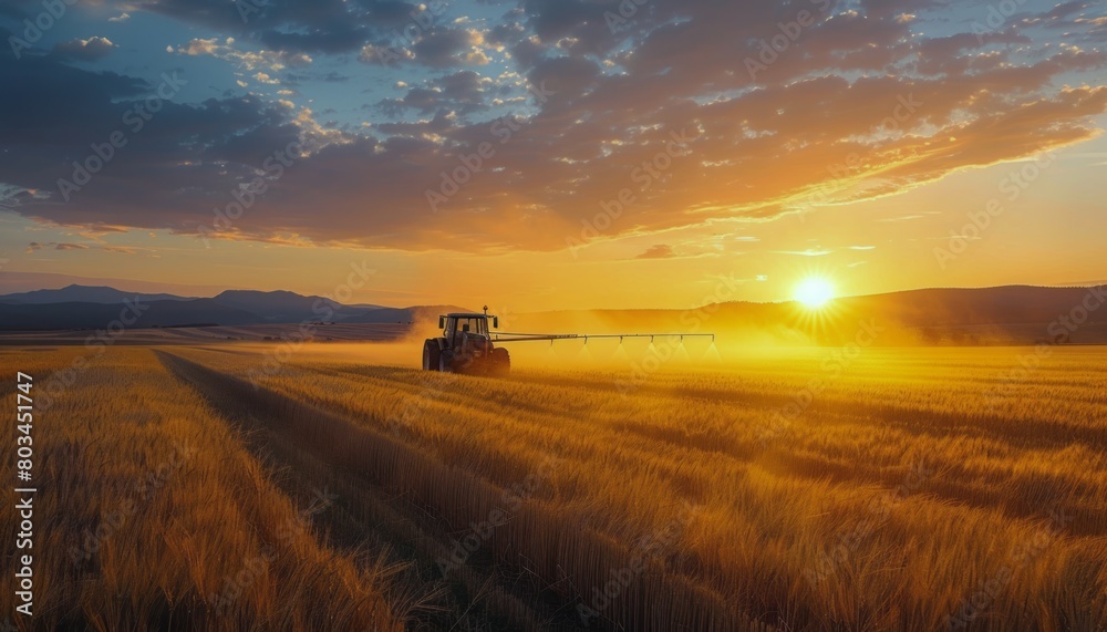 Fototapeta premium Tractor in Wheat Field at Sunset