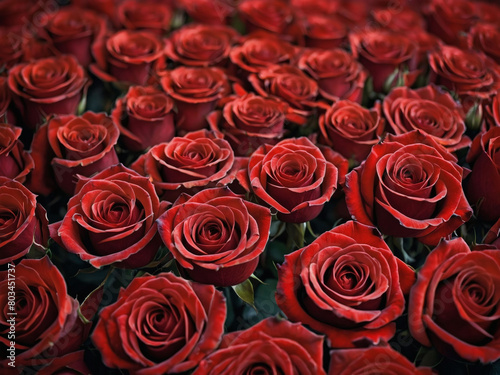 Red roses arranged in a captivating pattern  serving as a striking top-view floral wallpaper.