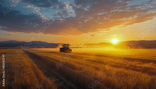 Tractor in Wheat Field at Sunset