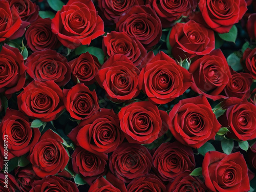 Red roses arranged in a captivating pattern  serving as a striking top-view floral wallpaper.