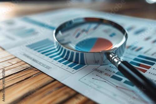 magnifying glass examining financial documents with graphs and charts business analysis concept