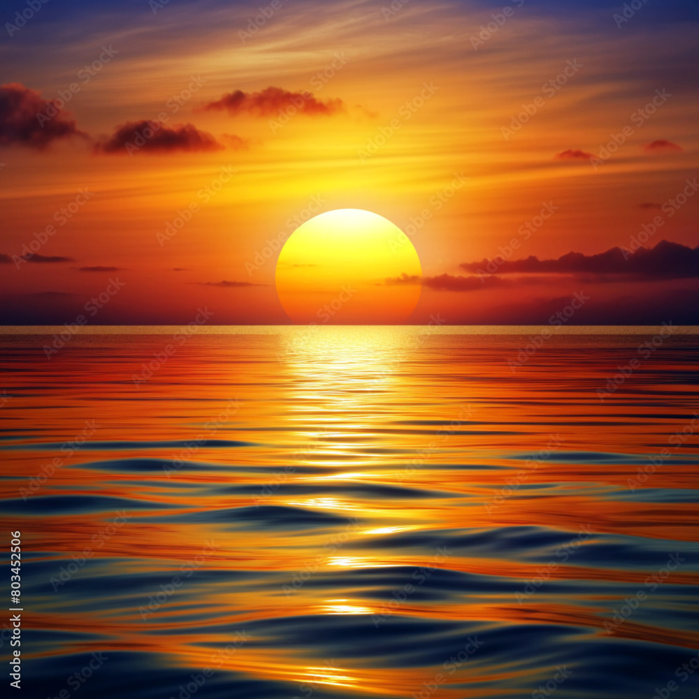 An inspiring, vividly colored illustration of a sunset over the sea bringing vivacity and peace.