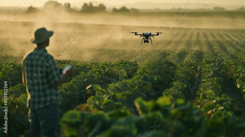 Farmer standing at vegetable garden sunset and using drone to inspect crop. Smart agricultural people or researcher checking his crop while standing at farm. Agriculture sustainable concept. AIG42.