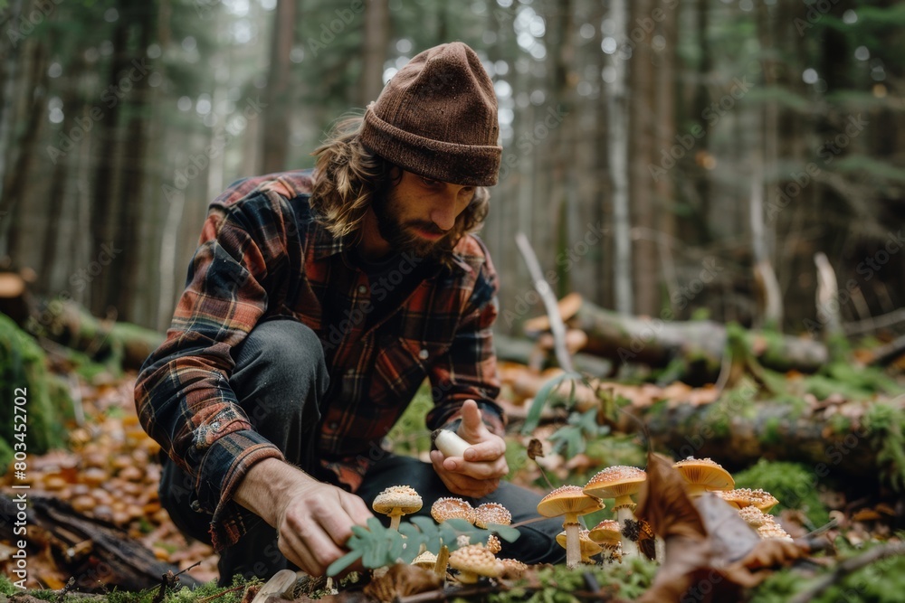 hipster guy foraging for mushrooms in the forest. Sustainable eco hobby. Collecting organic food. hipster guy foraging for mushrooms in the forest. Sustainable eco hobby. Collecting organic food.