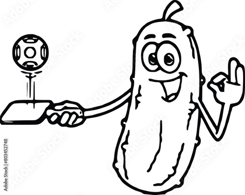 Cute Pickle Cartoon Character with A Thumb Up And Holding Pickleball Ball. Hand Drawn Vector Illustration Isolated On Transparent Background