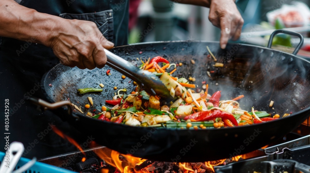 Fototapeta premium Chef is stirring vegetables in wok,Wok cooking a traditional stir fry. Street food in China, South-East Asia.