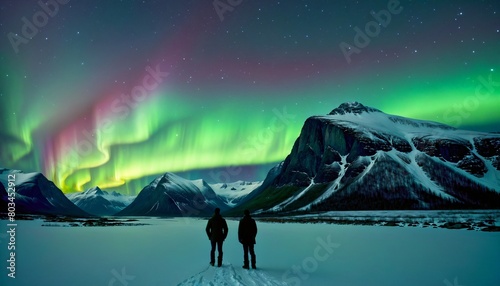 starry night sky in Norway, with a green glow beginning to illuminate the sky. person gazing in wonder Northern Lights above, creating magical colorful patterns photo