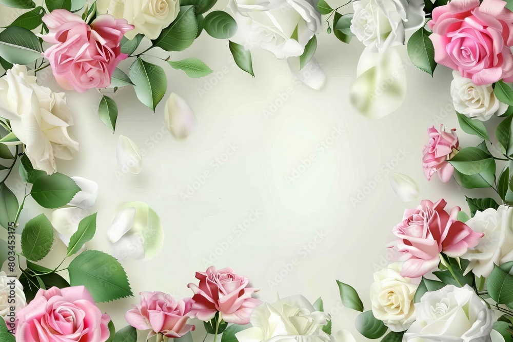 photorealistic floral wreath with pink and white roses and greenery bridal background