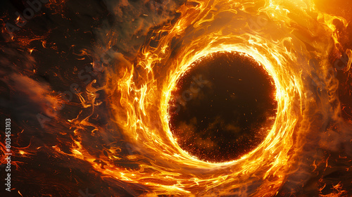 Fiery Abstract Solar Eclipse Illustration. Stunning digital art depicting a dramatic fiery solar eclipse with swirling flames and intense heat.