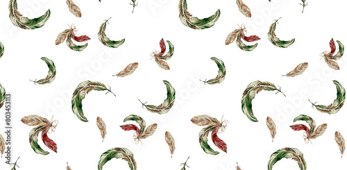 Seamless Pattern. Watercolor Green  Red  Beige Bright Curved Feathers. White Background. Illustration. For Home Textiles  Wrapping Paper  Postcards  Valentine s Day and Birthday  Website Design