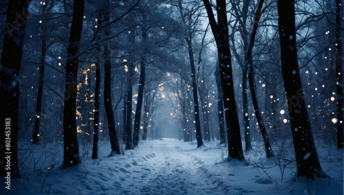 Silent snowfall enveloping a dark, wintry forest, illuminated by twinkling lights and distant stars. © xKas