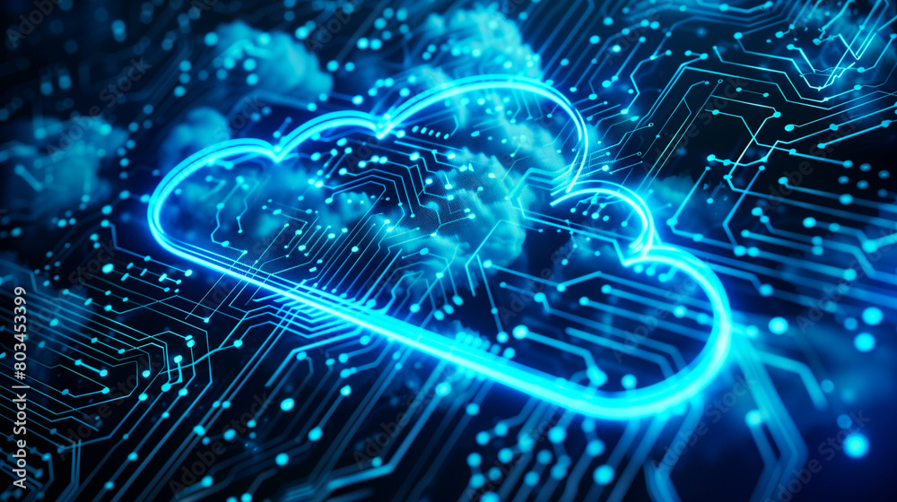 Fototapeta premium Cloud Computing Concept on Circuit Board. Futuristic depiction of cloud computing technology with glowing blue cloud icons on a detailed circuit board.