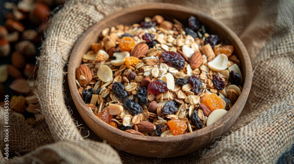 Close up of a healthy bowl of muesli with dried fruit and nuts on a sackcloth.